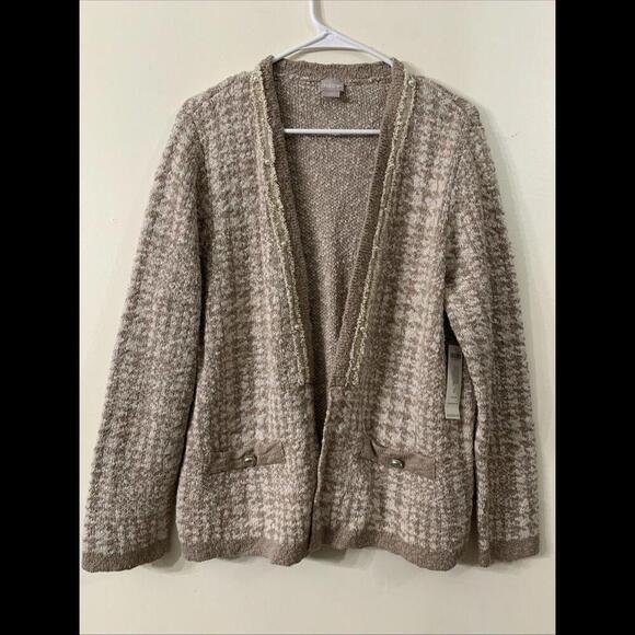 Chico's Sweaters - Womens Sz M Creme Open Front Crochet Long Sleeve Cardigan Pearls Cottage…